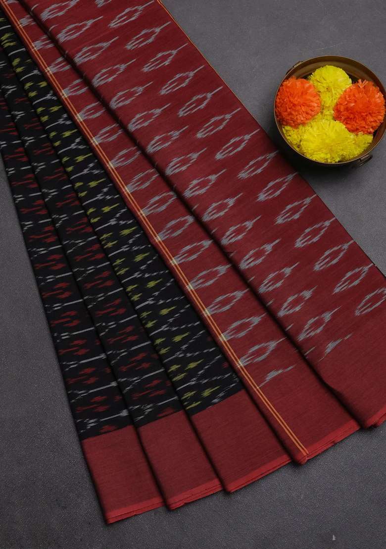Ikat Cotton Saree Black And Red With Allover Ikat Weaves And Simple Border With Traditional Woven Design For Women - Indya