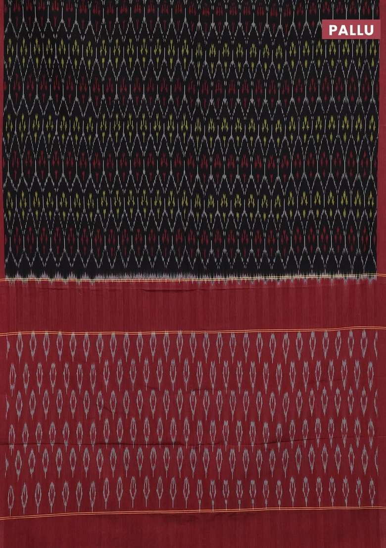 Ikat Cotton Saree Black And Red With Allover Ikat Weaves And Simple Border With Traditional Woven Design For Women - Indya