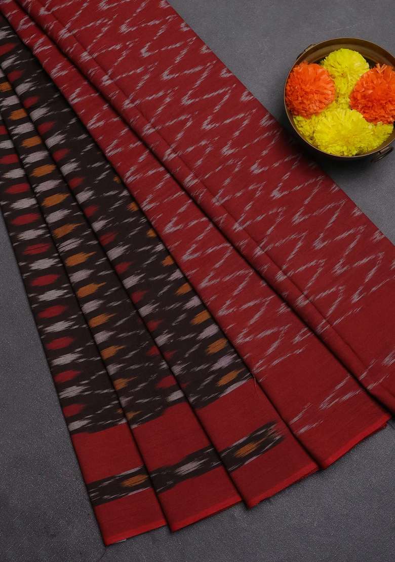 Ikat Cotton Saree Coffee Brown And Red With Allover Ikat Weaves And Rettapet Ikat Woven Border With Traditional Woven Design For Women - Indya