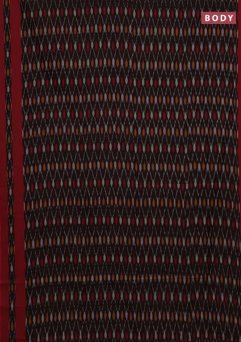 Ikat Cotton Saree Coffee Brown And Red With Allover Ikat Weaves And Rettapet Ikat Woven Border With Traditional Woven Design For Women - Indya