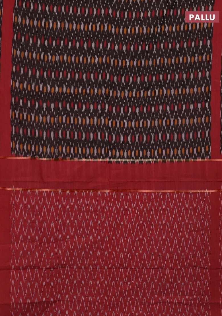 Ikat Cotton Saree Coffee Brown And Red With Allover Ikat Weaves And Rettapet Ikat Woven Border With Traditional Woven Design For Women - Indya