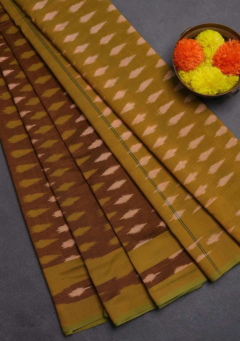 Ikat Cotton Saree Dark Mustard And Lime Green With Allover Ikat Woven Buttas And Rettapet Ikat Woven Border With Buttas And Brocade Design For Women - Indya
