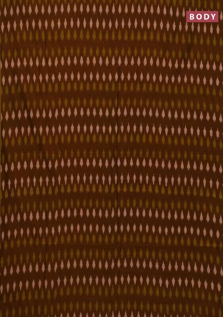 Ikat Cotton Saree Dark Mustard And Lime Green With Allover Ikat Woven Buttas And Rettapet Ikat Woven Border With Buttas And Brocade Design For Women - Indya