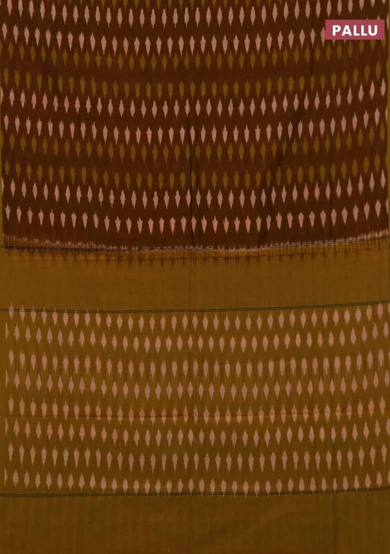 Ikat Cotton Saree Dark Mustard And Lime Green With Allover Ikat Woven Buttas And Rettapet Ikat Woven Border With Buttas And Brocade Design For Women - Indya