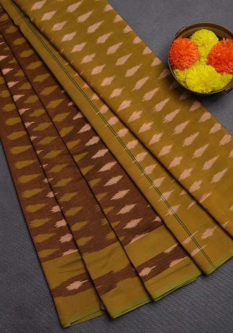 Ikat Cotton Saree Dark Mustard And Lime Green With Allover Ikat Woven Buttas And Rettapet Ikat Woven Border With Buttas And Brocade Design For Women