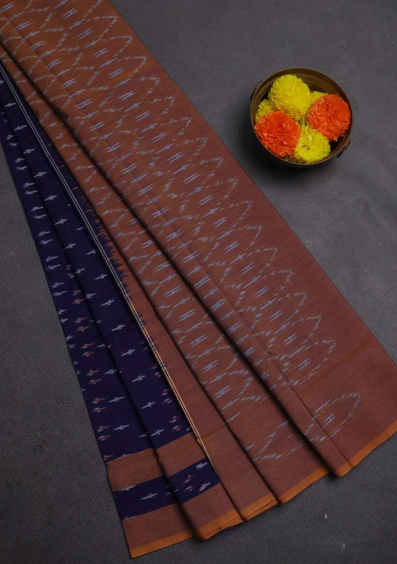 Ikat Cotton Saree Violet And Mustard Yellow With Allover Ikat Weaves And Rettapet Ikat Woven Border With Traditional Woven Design For Women - Indya