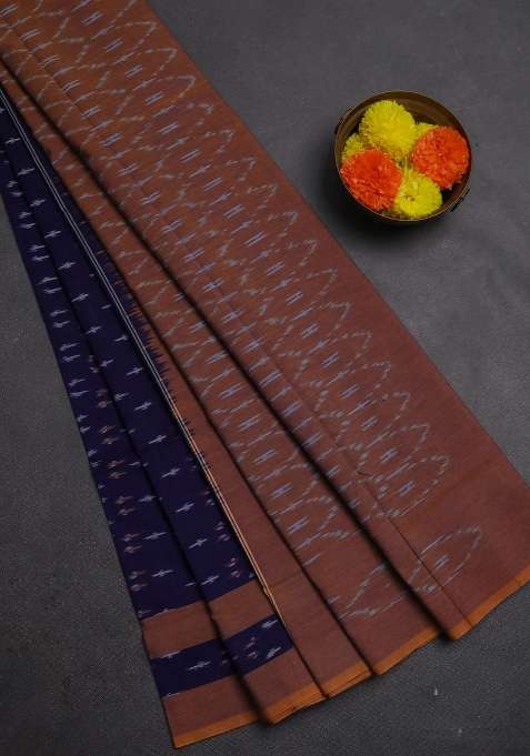 Ikat Cotton Saree Violet And Mustard Yellow With Allover Ikat Weaves And Rettapet Ikat Woven Border With Traditional Woven Design For Women