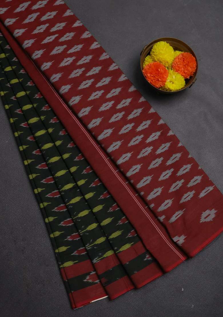 Ikat Cotton Saree Black And Maroon With Allover Ikat Woven Buttas And Rettapet Ikat Woven Border With Buttas And Brocade Design For Women - Indya