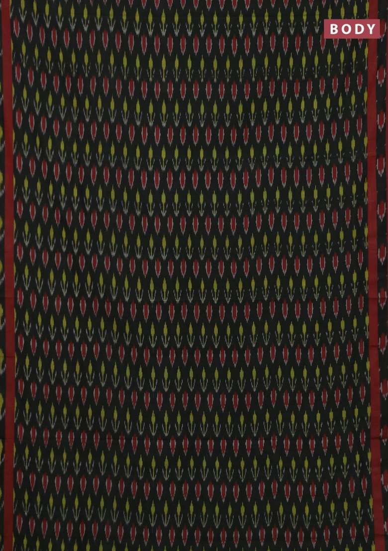 Ikat Cotton Saree Black And Maroon With Allover Ikat Woven Buttas And Rettapet Ikat Woven Border With Buttas And Brocade Design For Women - Indya