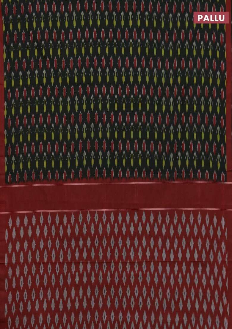 Ikat Cotton Saree Black And Maroon With Allover Ikat Woven Buttas And Rettapet Ikat Woven Border With Buttas And Brocade Design For Women - Indya