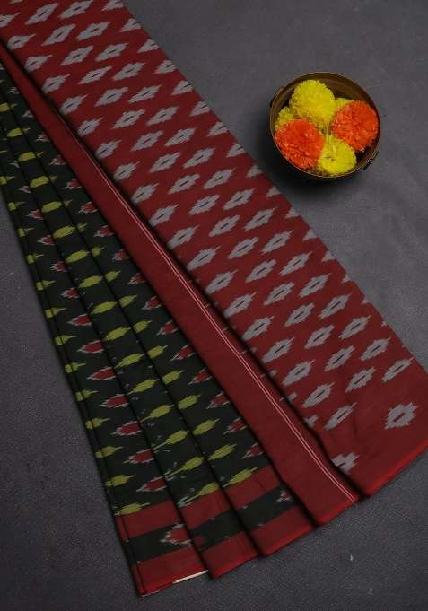 Ikat Cotton Saree Black And Maroon With Allover Ikat Woven Buttas And Rettapet Ikat Woven Border With Buttas And Brocade Design For Women