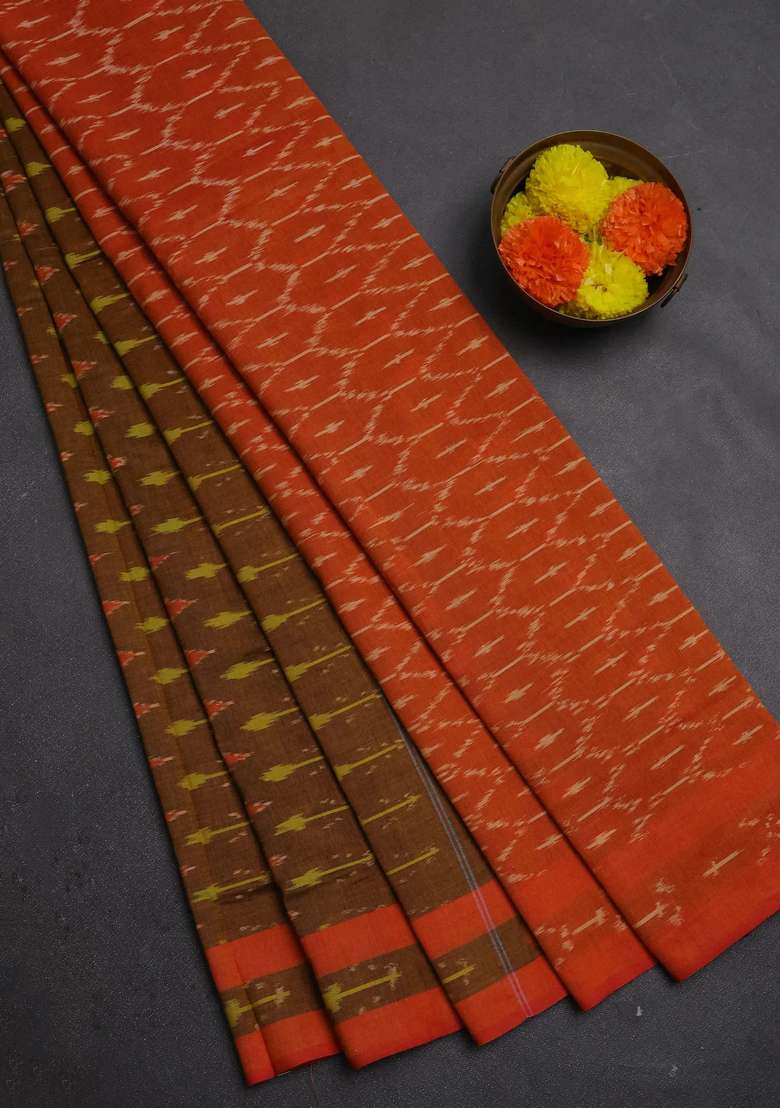 Ikat Cotton Saree Dark Mustard And Orange With Allover Ikat Weaves And Rettapet Ikat Woven Border With Traditional Woven Design For Women - Indya