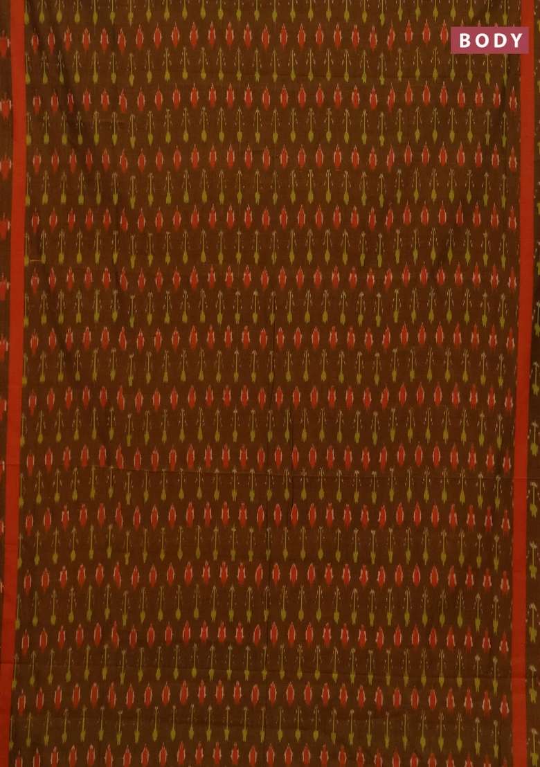 Ikat Cotton Saree Dark Mustard And Orange With Allover Ikat Weaves And Rettapet Ikat Woven Border With Traditional Woven Design For Women - Indya