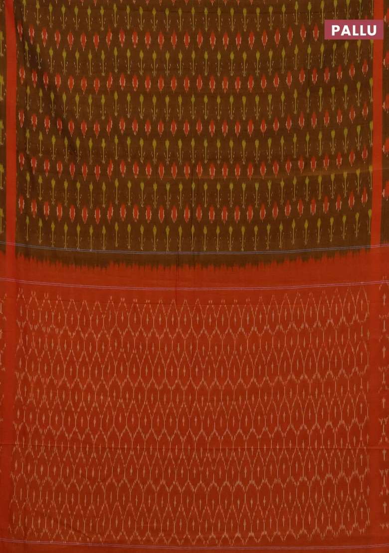 Ikat Cotton Saree Dark Mustard And Orange With Allover Ikat Weaves And Rettapet Ikat Woven Border With Traditional Woven Design For Women - Indya