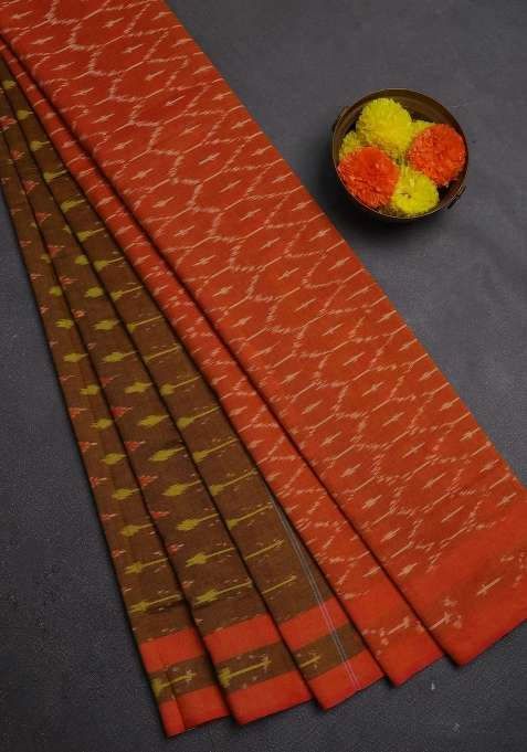 Ikat Cotton Saree Dark Mustard And Orange With Allover Ikat Weaves And Rettapet Ikat Woven Border With Traditional Woven Design For Women