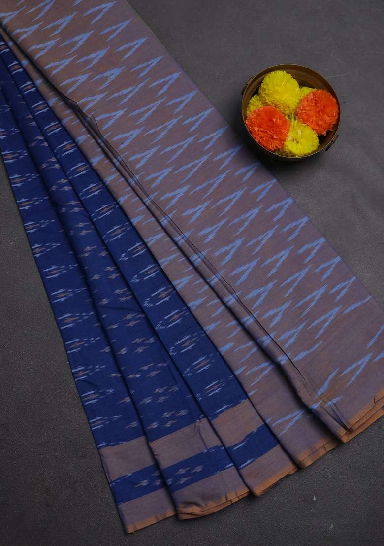 Ikat Cotton Saree Peacock Blue And Mustard Yellow With Allover Ikat Woven Buttas And Rettapet Ikat Woven With Buttas And Brocade Design For Women - Indya