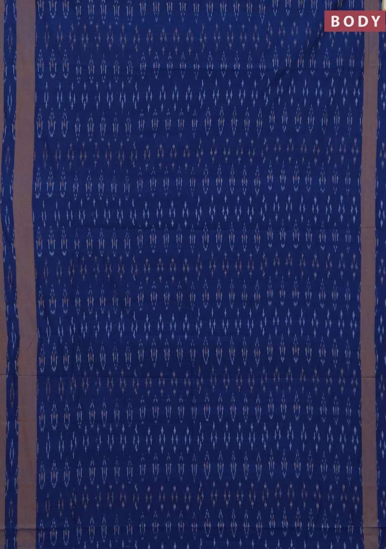 Ikat Cotton Saree Peacock Blue And Mustard Yellow With Allover Ikat Woven Buttas And Rettapet Ikat Woven With Buttas And Brocade Design For Women - Indya