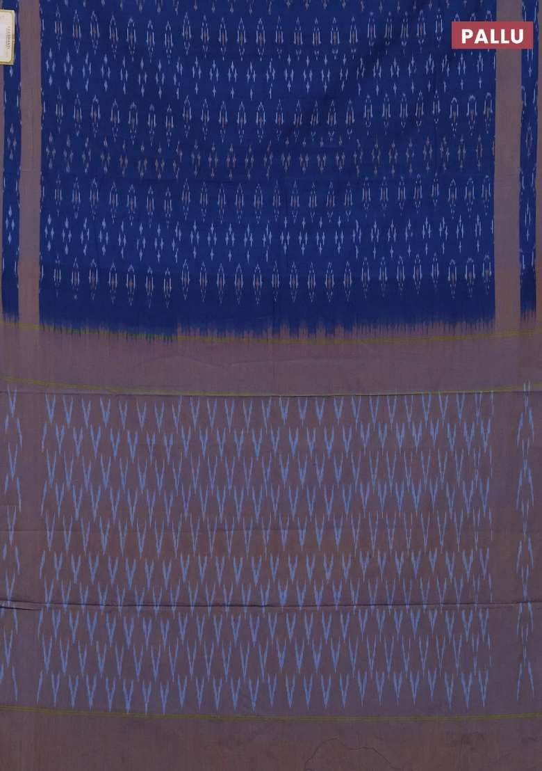 Ikat Cotton Saree Peacock Blue And Mustard Yellow With Allover Ikat Woven Buttas And Rettapet Ikat Woven With Buttas And Brocade Design For Women - Indya