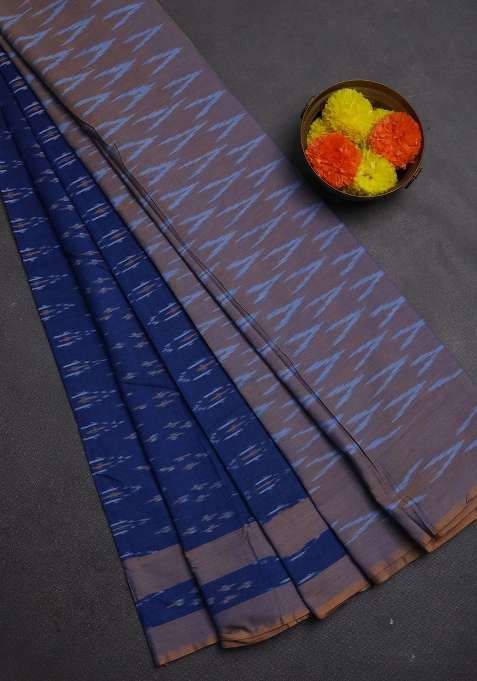 Ikat Cotton Saree Peacock Blue And Mustard Yellow With Allover Ikat Woven Buttas And Rettapet Ikat Woven With Buttas And Brocade Design For Women