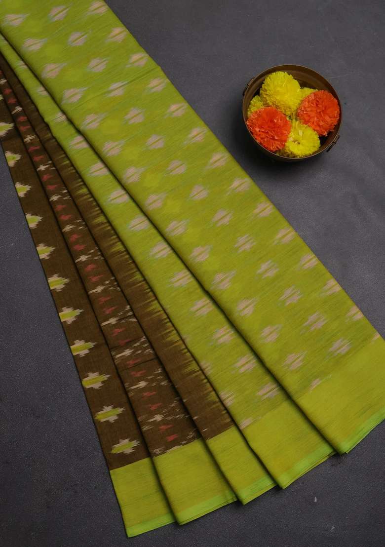 Ikat Cotton Saree Mustard Green And Fluorescent Green With Allover Ikat Weaves And Rettapet Ikat Woven Border With Traditional Woven Design For Women - Indya