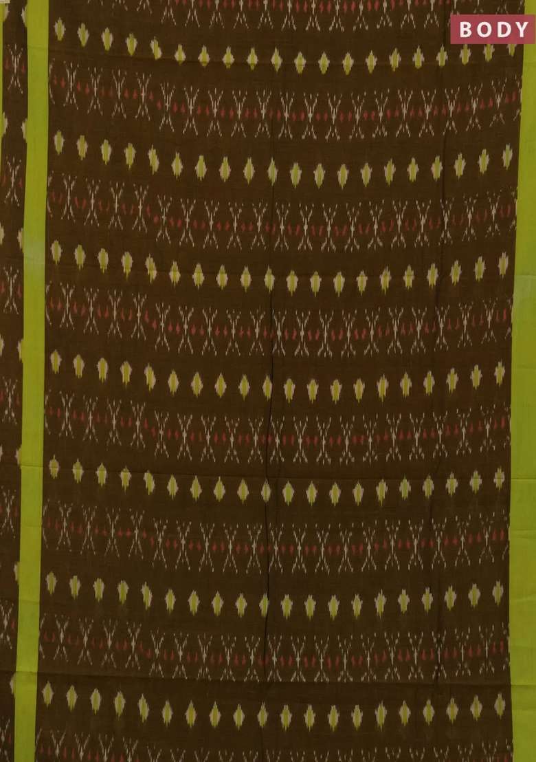 Ikat Cotton Saree Mustard Green And Fluorescent Green With Allover Ikat Weaves And Rettapet Ikat Woven Border With Traditional Woven Design For Women - Indya