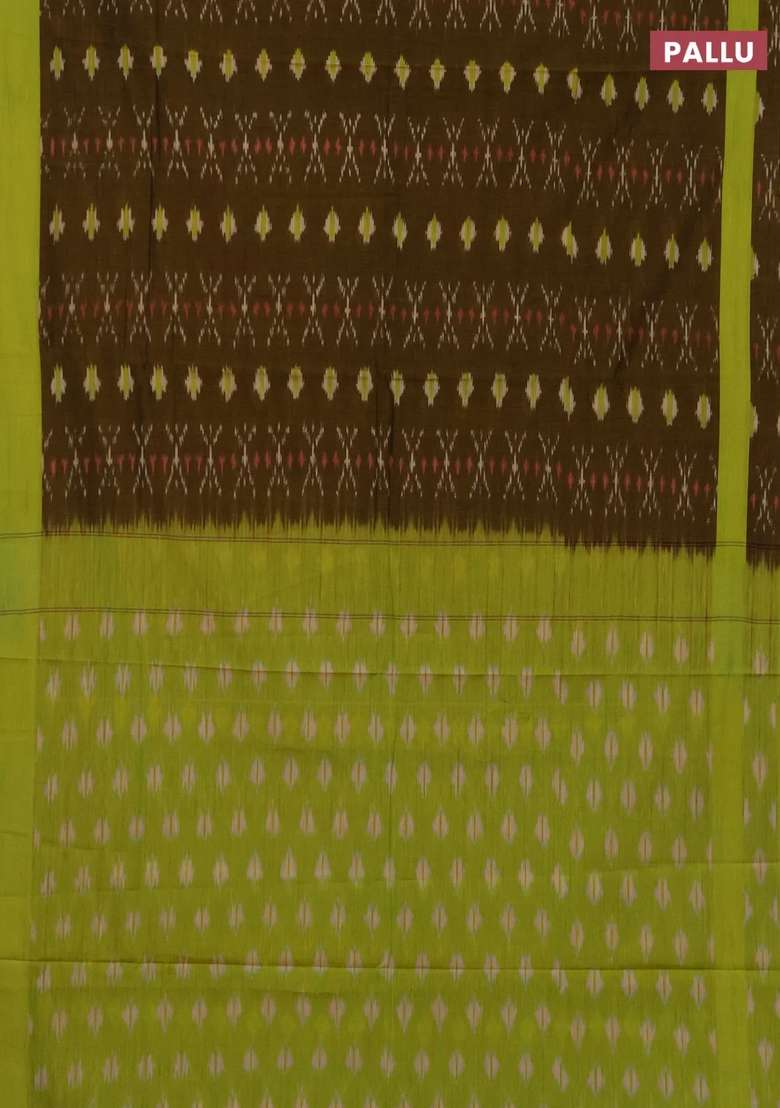 Ikat Cotton Saree Mustard Green And Fluorescent Green With Allover Ikat Weaves And Rettapet Ikat Woven Border With Traditional Woven Design For Women - Indya