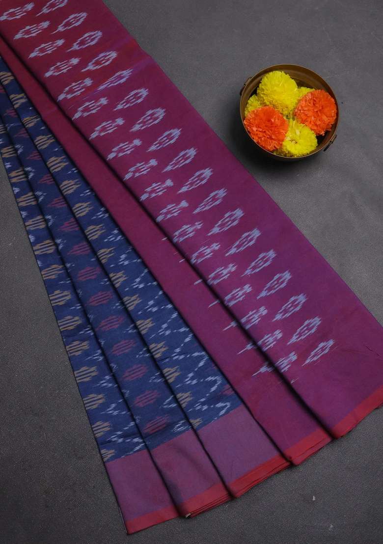 Ikat Cotton Saree Peacock Blue And Maroon With Allover Ikat Weaves And Simple Border With Traditional Woven Design For Women - Indya