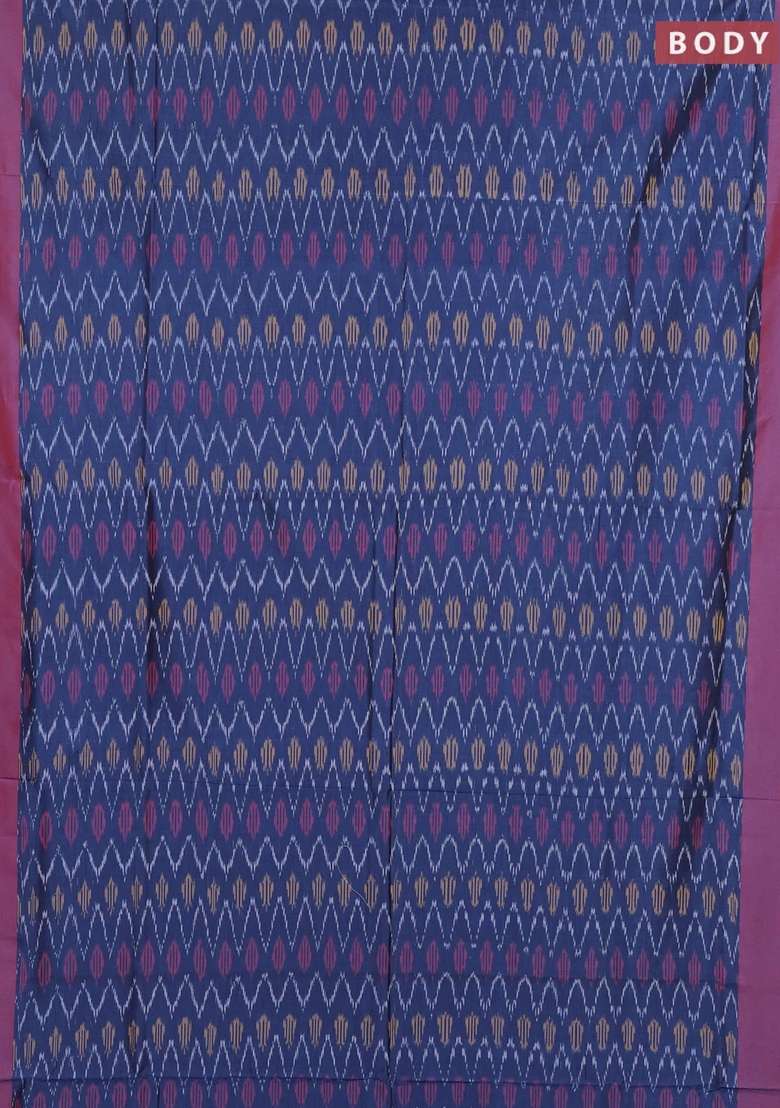 Ikat Cotton Saree Peacock Blue And Maroon With Allover Ikat Weaves And Simple Border With Traditional Woven Design For Women - Indya