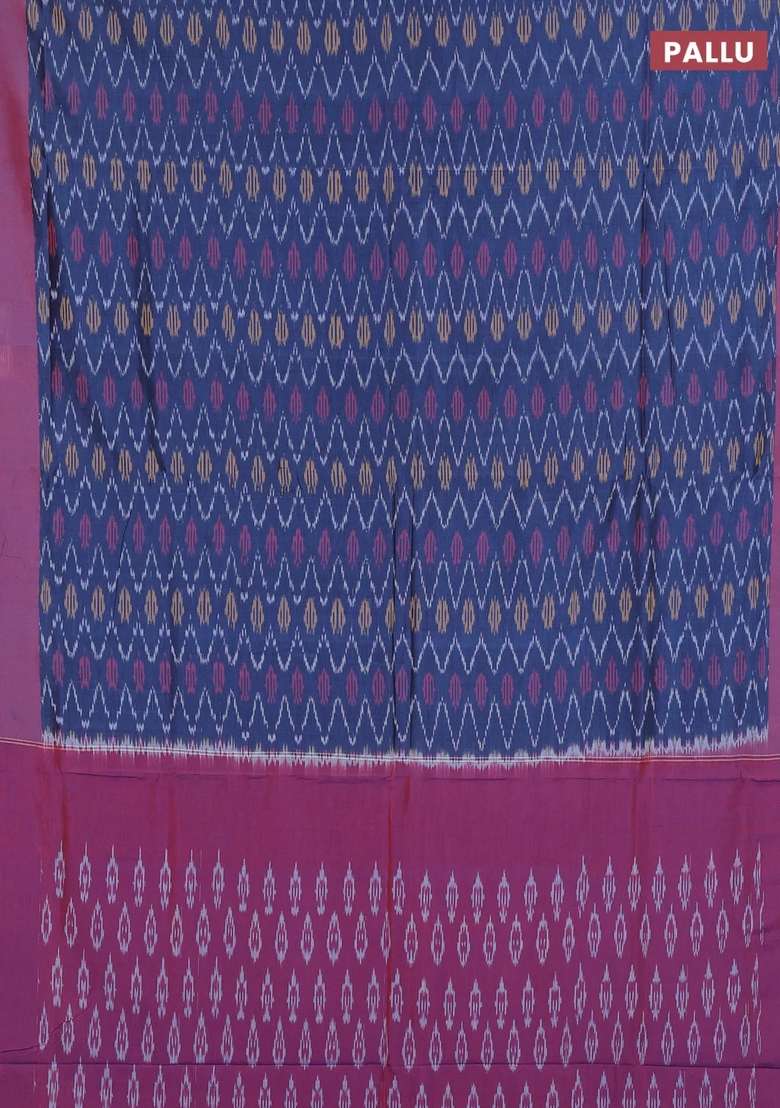 Ikat Cotton Saree Peacock Blue And Maroon With Allover Ikat Weaves And Simple Border With Traditional Woven Design For Women - Indya