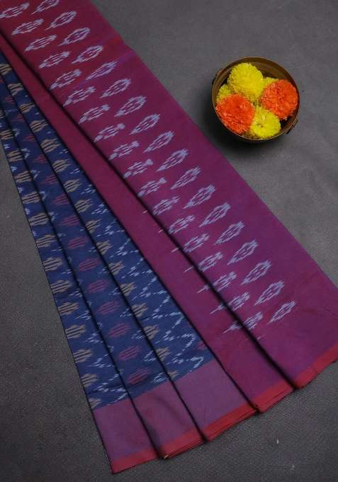 Ikat Cotton Saree Peacock Blue And Maroon With Allover Ikat Weaves And Simple Border With Traditional Woven Design For Women