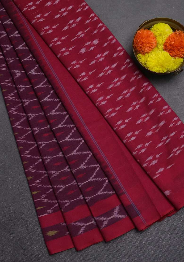 Ikat Cotton Saree Magenta Pink And Pink With Allover Ikat Weaves And Rettapet Ikat Woevn Border With Traditional Woven Design For Women - Indya