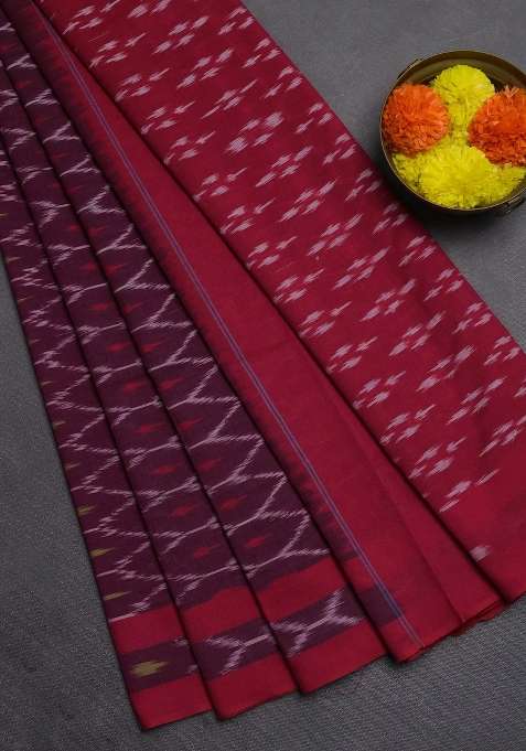 Ikat Cotton Saree Magenta Pink And Pink With Allover Ikat Weaves And Rettapet Ikat Woevn Border With Traditional Woven Design For Women