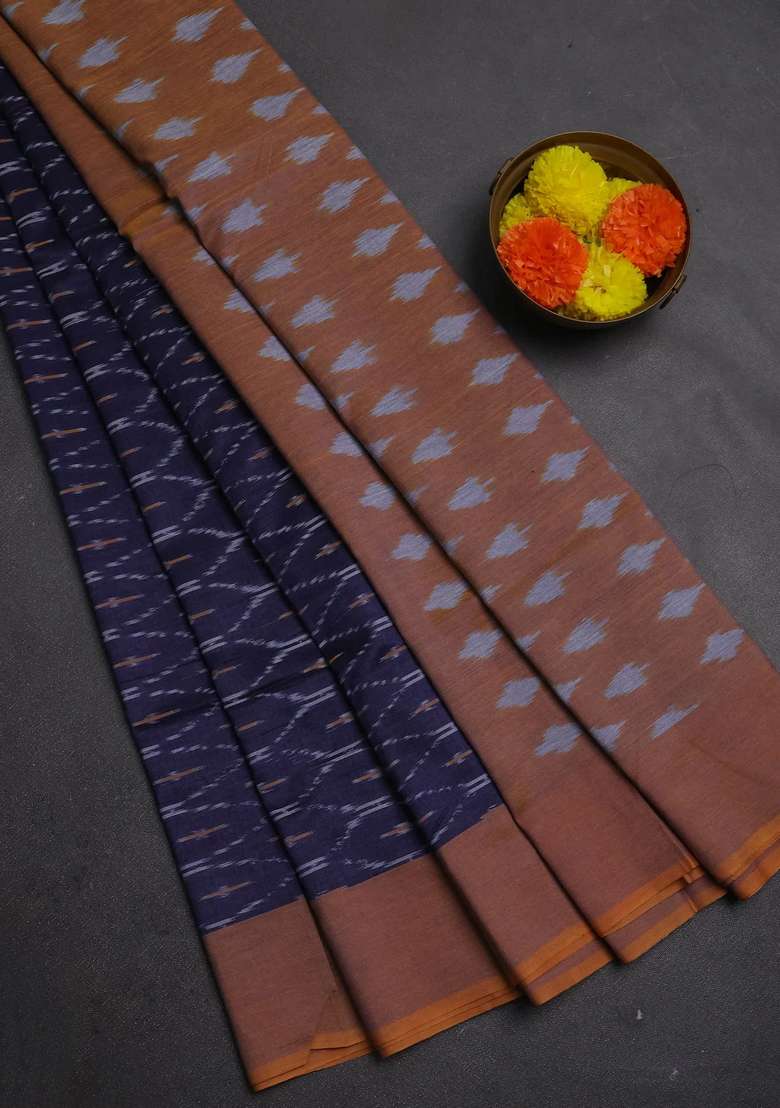 Ikat Cotton Saree Navy Blue And Mustard Yellow With Allover Ikat Weaves And Simple Border With Traditional Woven Design For Women - Indya