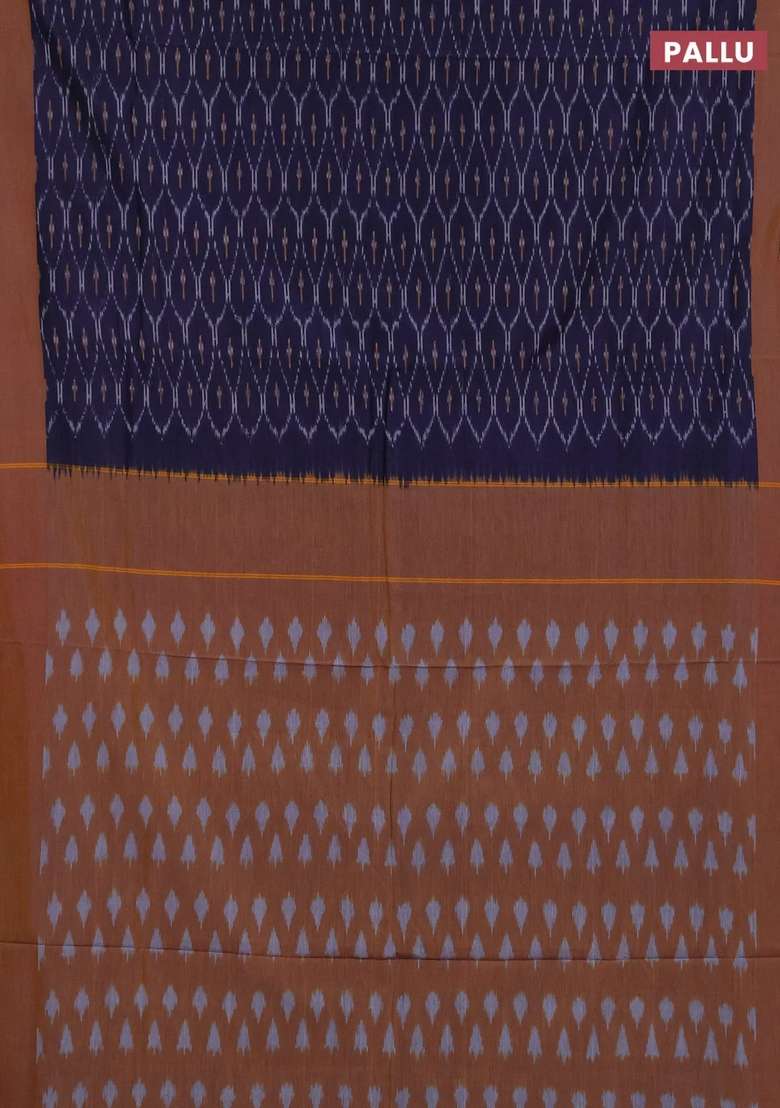 Ikat Cotton Saree Navy Blue And Mustard Yellow With Allover Ikat Weaves And Simple Border With Traditional Woven Design For Women - Indya