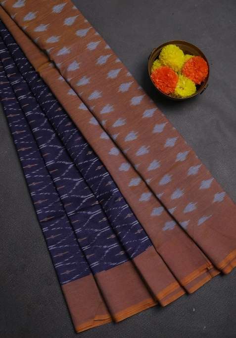 Ikat Cotton Saree Navy Blue And Mustard Yellow With Allover Ikat Weaves And Simple Border With Traditional Woven Design For Women