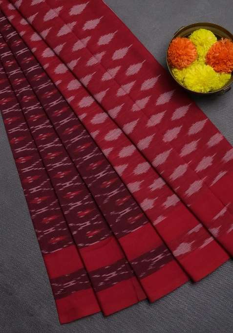 Ikat Cotton Saree Wine Shade And Maroon With Allover Ikat Weaves And Rettapet Ikat Border With Traditional Woven Design For Women