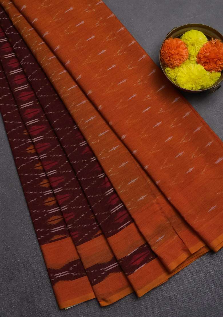 Ikat Cotton Saree Deep Maroon And Dark Mustard With Allover Ikat Weaves And Rettapet Ikat Border With Traditional Woven Design For Women - Indya