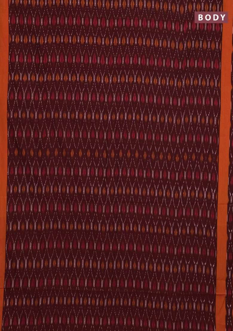 Ikat Cotton Saree Deep Maroon And Dark Mustard With Allover Ikat Weaves And Rettapet Ikat Border With Traditional Woven Design For Women - Indya