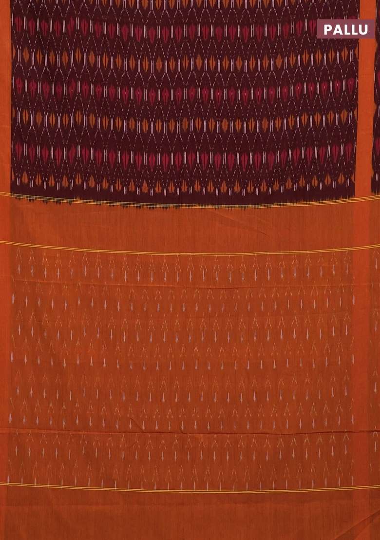 Ikat Cotton Saree Deep Maroon And Dark Mustard With Allover Ikat Weaves And Rettapet Ikat Border With Traditional Woven Design For Women - Indya