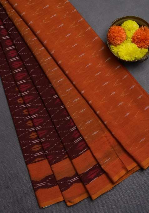 Ikat Cotton Saree Deep Maroon And Dark Mustard With Allover Ikat Weaves And Rettapet Ikat Border With Traditional Woven Design For Women
