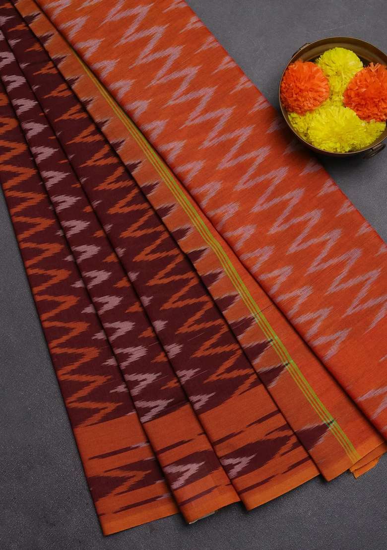 Ikat Cotton Saree Deep Maroon And Mango Yellow With Allover Ikat Zigzag Weaves And Rettapet Ikat Border With Traditional Woven Design For Women - Indya