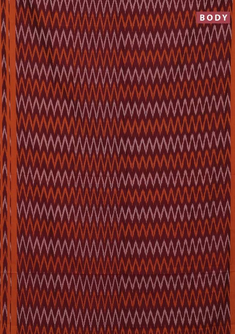 Ikat Cotton Saree Deep Maroon And Mango Yellow With Allover Ikat Zigzag Weaves And Rettapet Ikat Border With Traditional Woven Design For Women - Indya