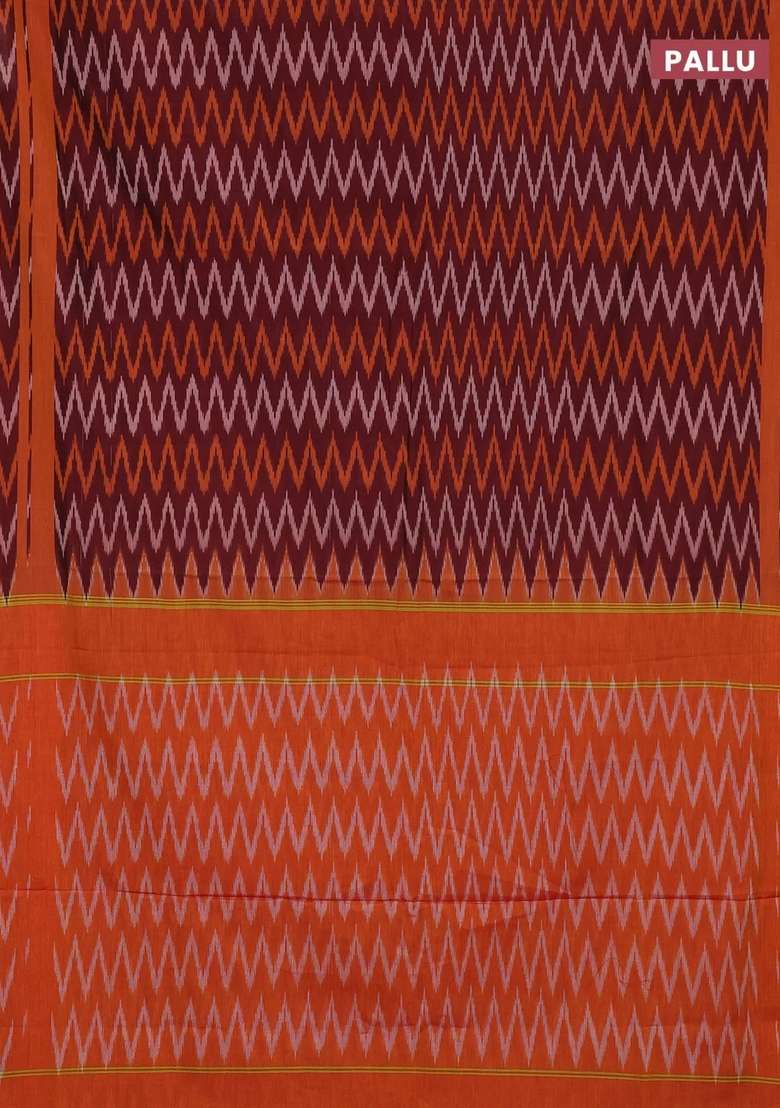 Ikat Cotton Saree Deep Maroon And Mango Yellow With Allover Ikat Zigzag Weaves And Rettapet Ikat Border With Traditional Woven Design For Women - Indya