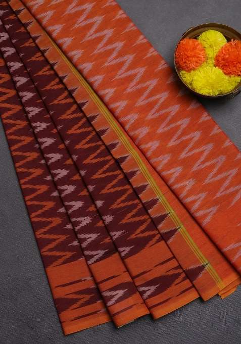 Ikat Cotton Saree Deep Maroon And Mango Yellow With Allover Ikat Zigzag Weaves And Rettapet Ikat Border With Traditional Woven Design For Women