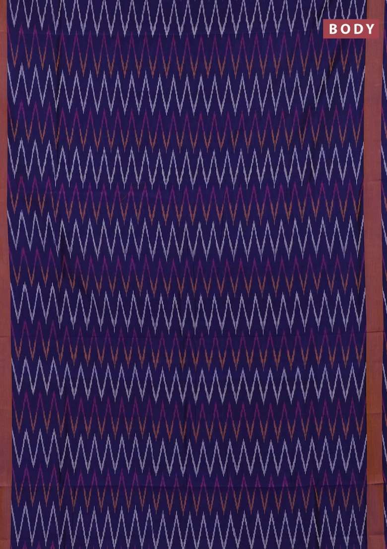 Ikat Cotton Saree Blue And Mustard Yellow With Allover Ikat Zigzag Weaves And Rettapet Ikat Border With Traditional Woven Design For Women - Indya