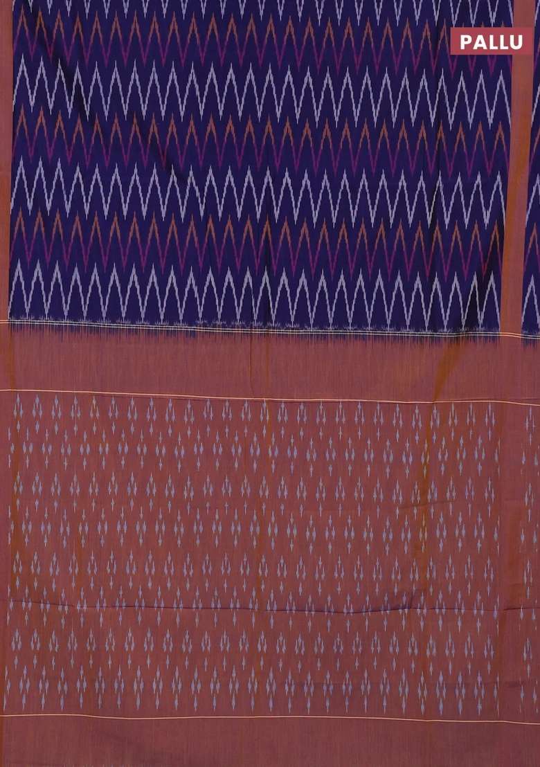 Ikat Cotton Saree Blue And Mustard Yellow With Allover Ikat Zigzag Weaves And Rettapet Ikat Border With Traditional Woven Design For Women - Indya