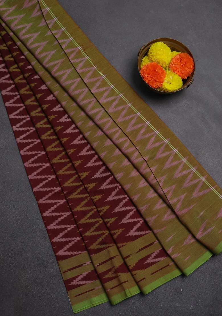 Ikat Cotton Saree Deep Maroon And Light Green With Allover Ikat Zigzag Weaves And Rettapet Ikat Border With Traditional Woven Design For Women - Indya