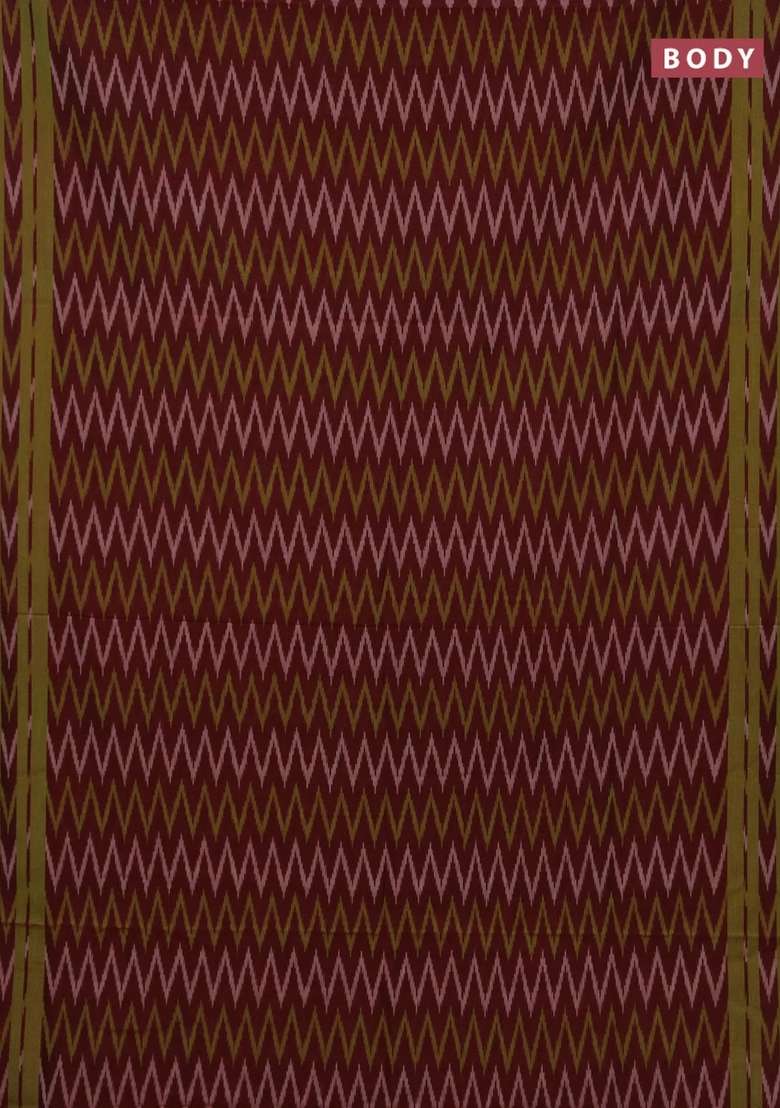 Ikat Cotton Saree Deep Maroon And Light Green With Allover Ikat Zigzag Weaves And Rettapet Ikat Border With Traditional Woven Design For Women - Indya