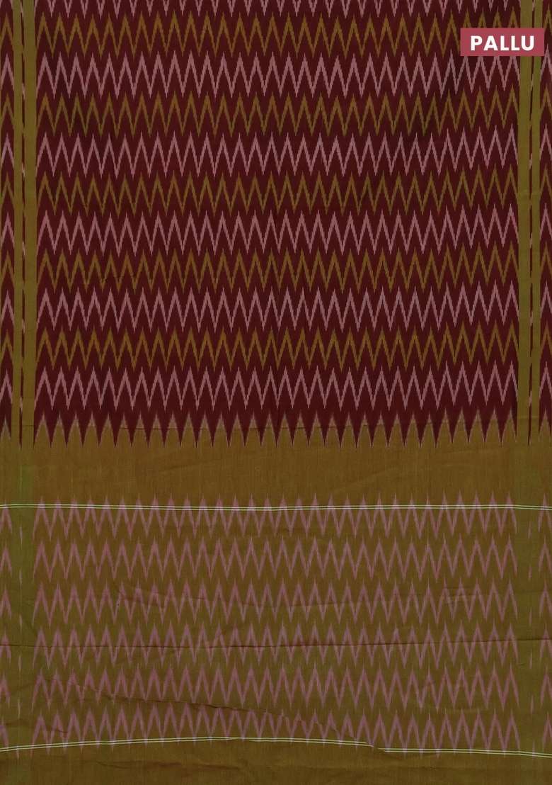Ikat Cotton Saree Deep Maroon And Light Green With Allover Ikat Zigzag Weaves And Rettapet Ikat Border With Traditional Woven Design For Women - Indya
