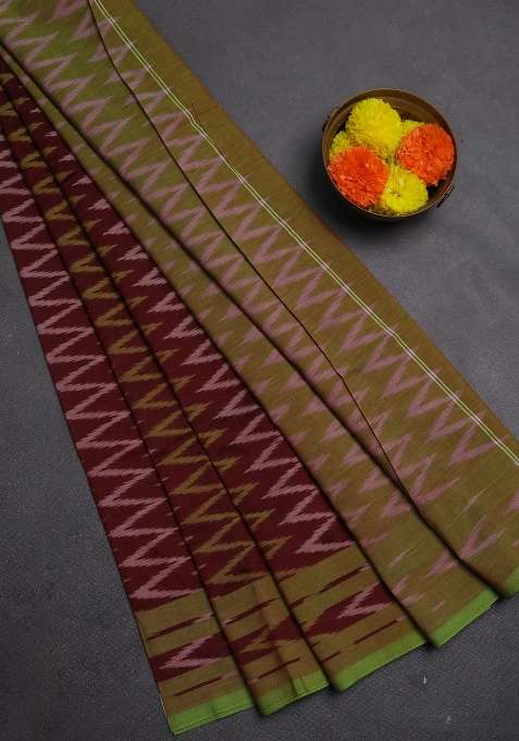 Ikat Cotton Saree Deep Maroon And Light Green With Allover Ikat Zigzag Weaves And Rettapet Ikat Border With Traditional Woven Design For Women